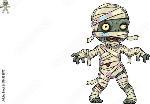 Cartoon mummy-zombie hybrid character with bandages and exposed bones for HalloweenCartoon mummy-zombie hybrid character with bandages and exposed bones for Halloween