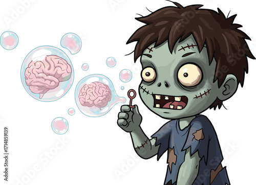Cartoon zombie blowing brain-filled bubbles with wand in ripped clothes for Halloween, horror,Cartoon zombie blowing brain-filled bubbles with wand in ripped clothes for Halloween, horror,