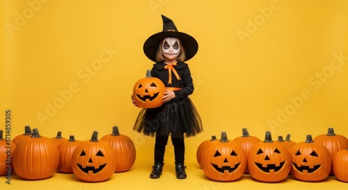 Girl in witch costume with pumpkin on bright yellow background