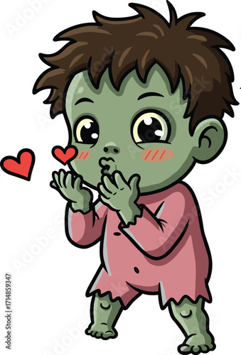 Cartoon zombie child blowing kiss with hearts, cute undead character in pink outfit for Halloween or love themesCartoon zombie child blowing kiss with hearts, cute undead