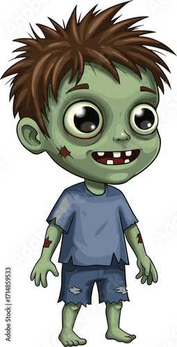 Cartoon zombie child in ripped blue clothes with scars and messy hair for Halloween, horror, and spookyCartoon zombie child in ripped blue clothes with scars and messy 