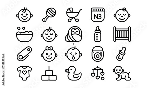Minimalist baby icon set of 20 line art elements in 4x5 grid black and white vector illustration