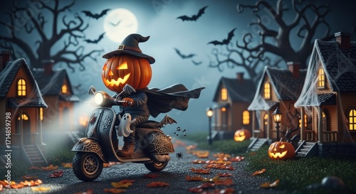 Pumpkin headed character rides a scooter through halloween town