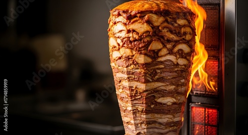 Deliciously Rotating Shawarma Spit with Flaming Charred Meat and Savory Aromas