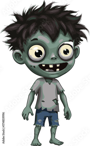 Cartoon zombie child with messy hair and ripped clothes smiling in gray shirt for Halloween vector illustrationCartoon zombie child with messy hair and ripped clothes smiling 