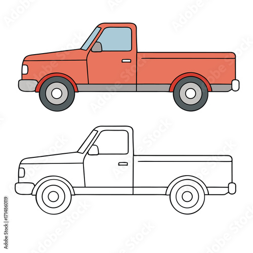 A fun side-view of a pickup truck coloring page featuring detailed wheels, body, and cargo area, perfect for kids and truck enthusiasts to color and enjoy.
