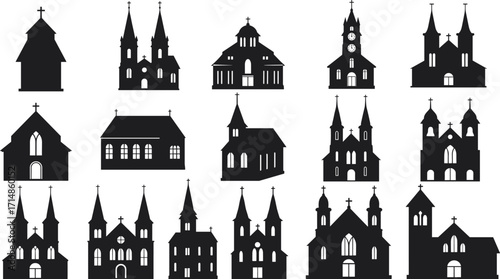Church building silhouettes, black architectural icons, religious structure illustration, steeple and tower designs, cultural heritage clipart, minimal vector graphic set