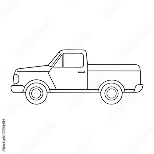 A fun side-view of a pickup truck coloring page featuring detailed wheels, body, and cargo area, perfect for kids and truck enthusiasts to color and enjoy.
