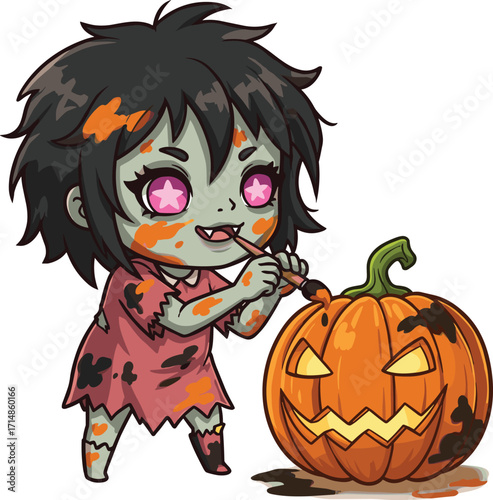 Cartoon zombie girl carving jack-o'-lantern with black goo in pink dress for Halloween, horrorCartoon zombie girl carving jack-o'-lantern with black goo in pink dress for Halloween, horror