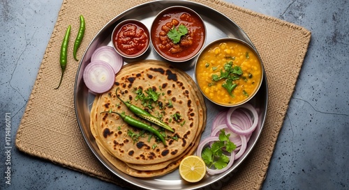 Delicious Traditional Indian Thali Meal Served With Fresh Chutney And Vegetables