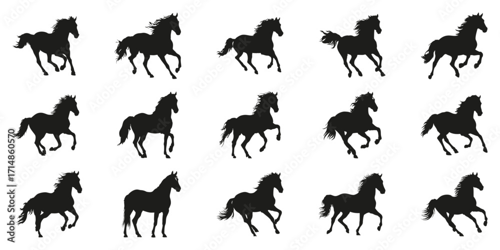 Obraz premium Silhouette Of Galloping Horses Set. Dynamic Motion And Freedom Collection. Isolated Vector Illustration