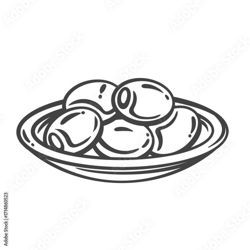 Bowl filled with ripe olives in hand drawn doodle engraving. Outline vector illustration of Mediterranean snack for wine tasting, restaurant menu, packaging, or kitchen decor.