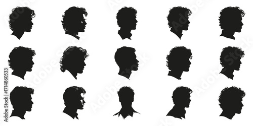 Silhouette Profile Collection Of Male Heads. Diversity In Hairstyles And Profiles. Isolated Vector Illustration