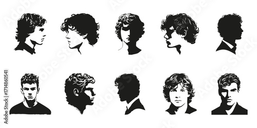Silhouette Portraits Of Men With Curly Hair Set. Artistic Expression And Style Collection. Isolated Vector Illustration