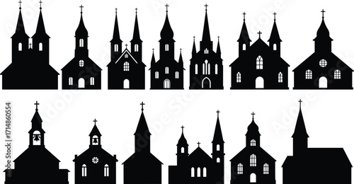 Church silhouette collection, black vector icons, religious architecture graphic, steeples and crosses, chapel design set, historic worship building clipart