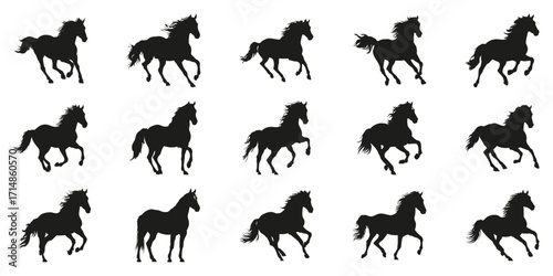 Silhouette Of Galloping Horses Set. Dynamic Motion And Freedom Collection. Isolated Vector Illustration