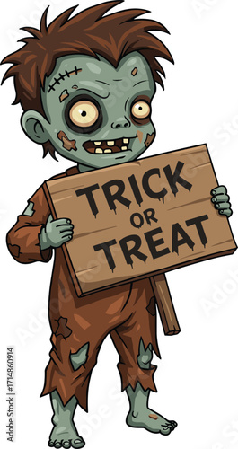 Cartoon zombie holding trick or treat sign with stitched head and tattered clothes for Halloween, horrorCartoon zombie holding trick or treat sign with stitched head and tattered clothes 