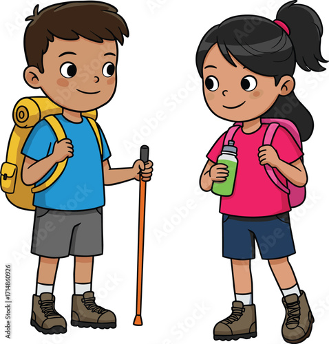 Cartoon kids hiking outdoors with backpack, water bottle, walking stick, camping, trekking, adventure, exploration, travel, nature, summer holiday illustration