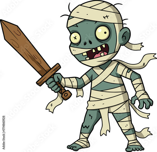 Cartoon zombie mummy with bandages and wooden sword in aggressive pose for Halloween, horror, and spooky vector themesCartoon zombie mummy with bandages and wooden sword 