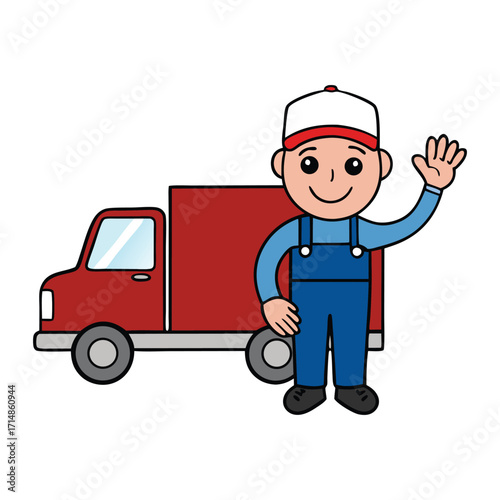 A cheerful cartoon truck driver waves from his cab, wearing a cap and smiling, bringing a friendly, lively vibe to the road in this playful illustration.
