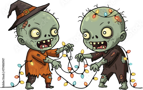 Cartoon zombie pair tangled in colorful Christmas lights wearing Halloween costumes and witch hats for spooky festive vectorCartoon zombie pair tangled in colorful Christmas lights wearing
