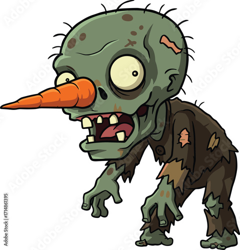 Cartoon zombie with carrot nose in tattered outfit and grotesque expression for HalloweenCartoon zombie with carrot nose in tattered outfit and grotesque expression for Halloween