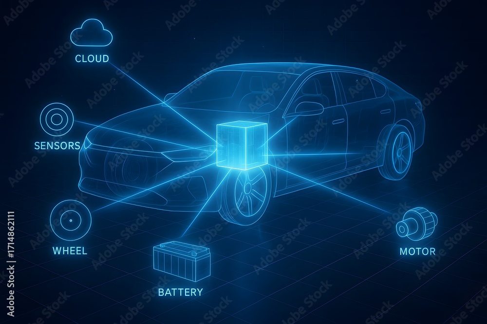 Fototapeta premium Hologram of Next-Generation Electric Vehicle Architecture with Central Supercomputer