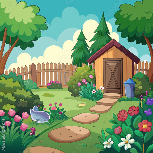 Charming cartoon backyard pathway leading to a cozy wooden garden shed illustration