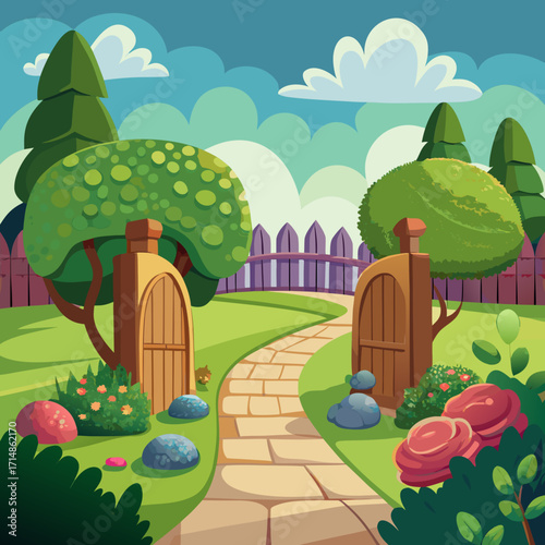 Whimsical cartoon backyard pathway with trimmed hedges and garden elements vector illustration