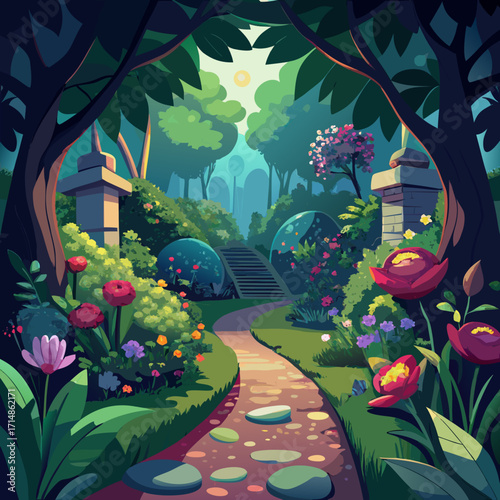 Enchanting cartoon secret garden pathway with lush foliage and vibrant flowers vector illustration