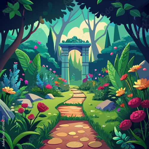 Enchanting cartoon secret garden pathway illustration with lush foliage and hidden doorway