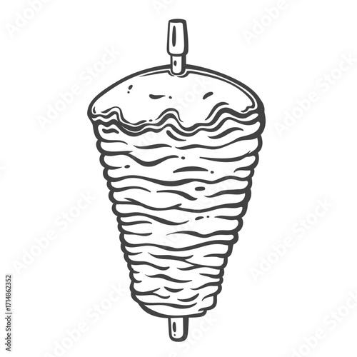 Stack of sliced meat on vertical skewer, hand drawn in bold doodle style. Traditional street Turkish food icon for fast food packaging, menu, or poster. Vector illustration.