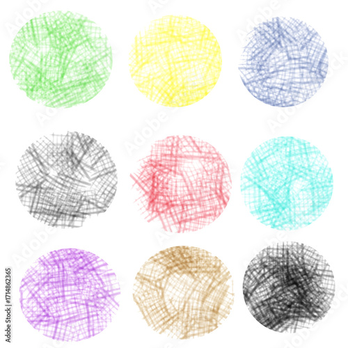 Nine circular abstract scribbled shapes in various colors isolated on transparent background