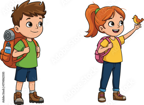 Cartoon kids hiking outdoors with backpacks, happy children exploring nature, girl holding bird, summer camping adventure, travel, outdoor education illustration