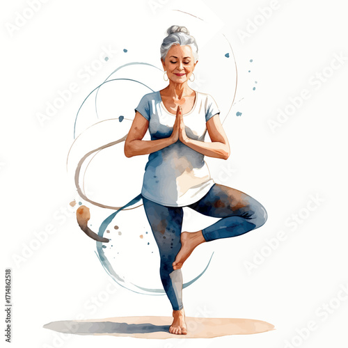 Watercolor vector of senior woman in cat-cow yoga pose, isolated on white