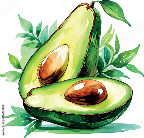Watercolor vector of avocado cut in half with seed, healthy fat fruit, isolated