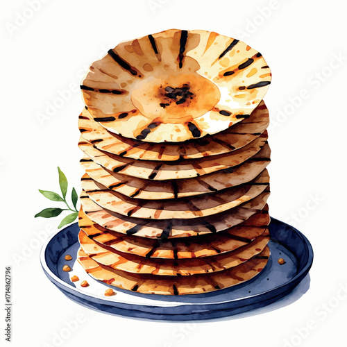 Watercolor vector of grilled papad stack, traditional Indian crispy side dish, isolated