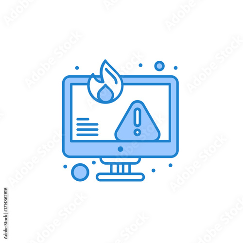 Computer system critical failure alert with fire and warning symbol illustration