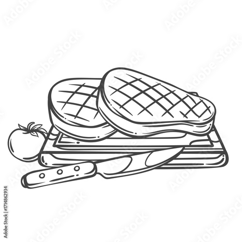 Beef steak two slices on wooden board with knife and tomato serving line icon. Outline hand drawn sketch of beefsteak, barbecue meat meal. BBQ restaurant mascot, steak house menu vector illustration