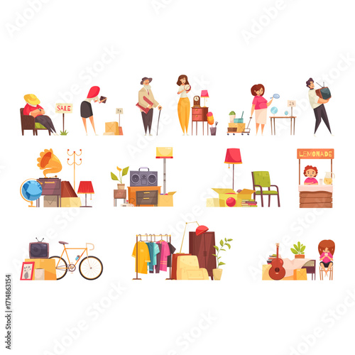 Garage Sale Collection Items & People Illustrations