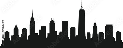 City skyline silhouette, black urban architecture vector, spired skyscraper graphic, metropolitan building design, modern cityscape clipart, minimal skyline art
