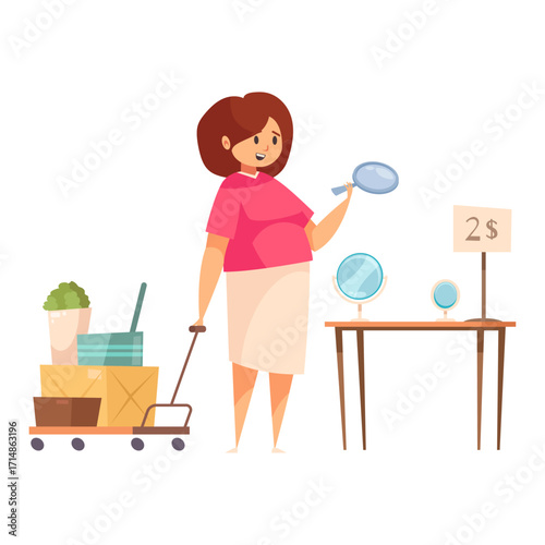 Woman at a garage sale looking at mirrors next to a cart of boxes