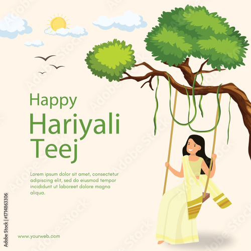 Hariyali Teej Celebration with Woman in Sari Swinging from a Tree