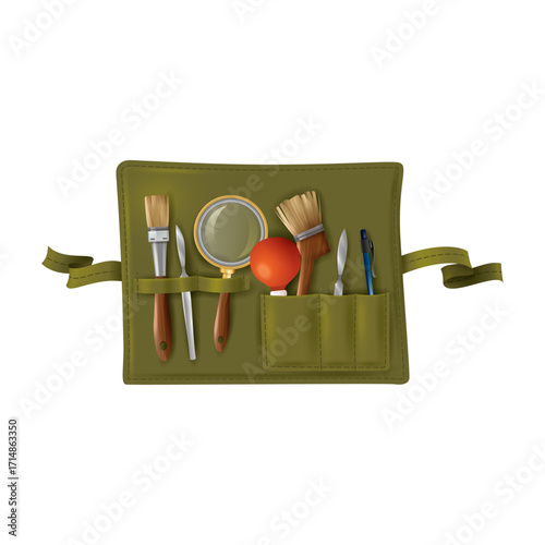 Essential archaeological excavation tools in a portable green field pouch