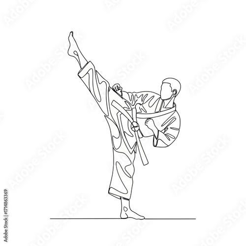 Karate fighter performing a high side kick in a continuous line drawing