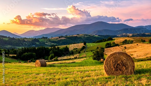 Hay bales in a valley at sunset