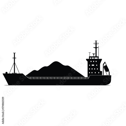 Minimalist cargo ship carrying coal silhouette with control tower black and white vector illustration