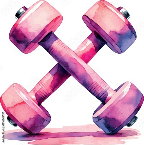 Watercolor vector of pink neoprene dumbbells crossed, fitness gear for women, isolated