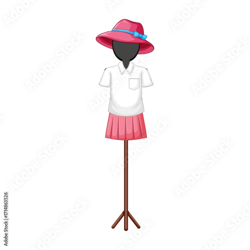 Fashionable female summer outfit with a pink pleated skirt and hat on a mannequin
