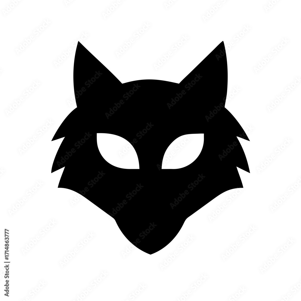 Obraz premium A black silhouette of a wolf head with pointed ears and piercing white eyes on a white background plain
